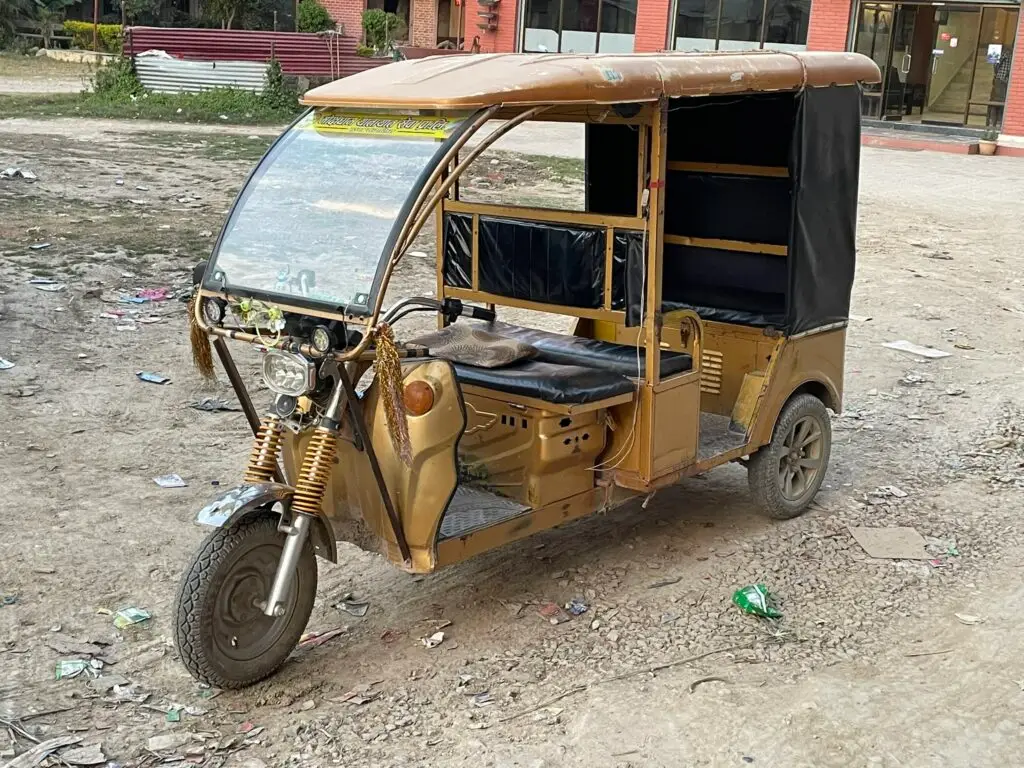 Electric rickshaw in Nepal used for short-distance transport between villages and towns.
